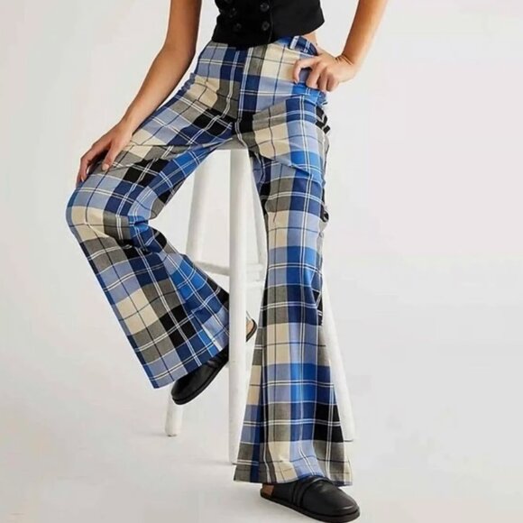 Free People Jules High Waist Plaid Flare Pants Blue/Black NWOT Size 0 (XS) - Picture 3 of 8